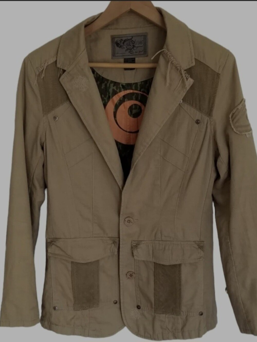 Caffeine Culture VTG Y2K Mens Tan Utility Jacket Blazer Elbow Patch Camo Lined